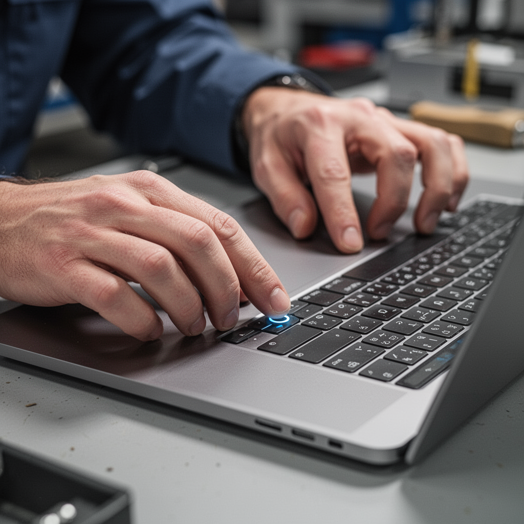 A professional technician's hands holding down the power button on a modern silver laptop, close-up shot, soft office lighting, high detail.