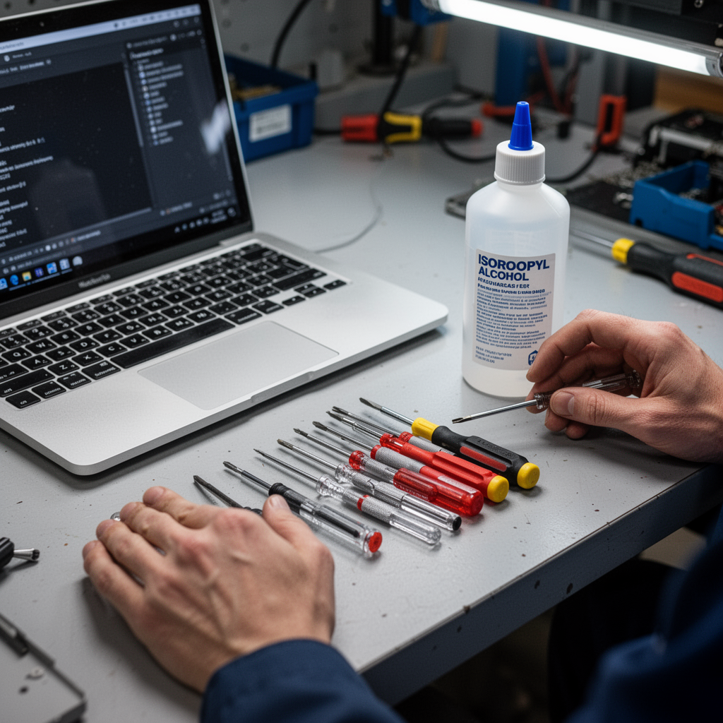 A clean workspace with a laptop, a set of precision screwdrivers, and a bottle of isopropyl alcohol arranged neatly.