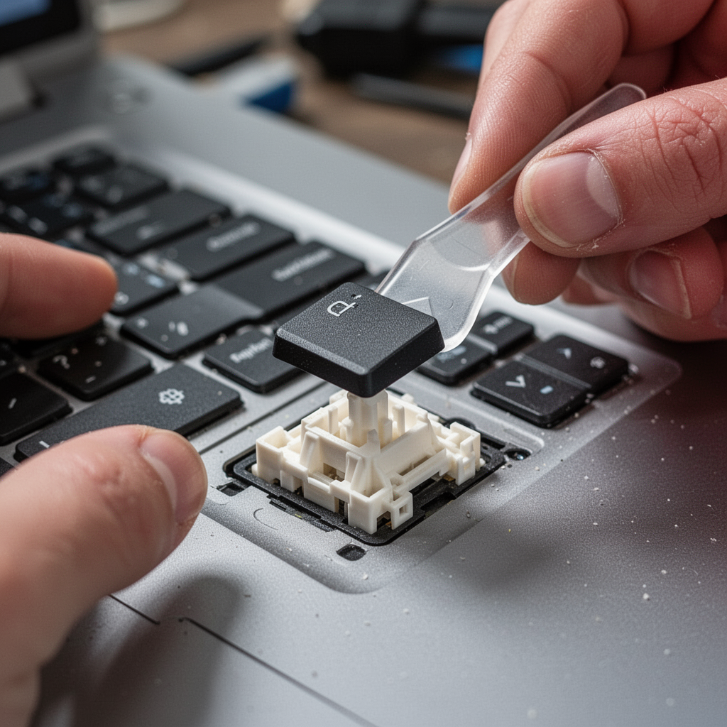 A close-up macro shot of a plastic pry tool gently lifting a single laptop key cap to reveal the white scissor switch mechanism underneath.