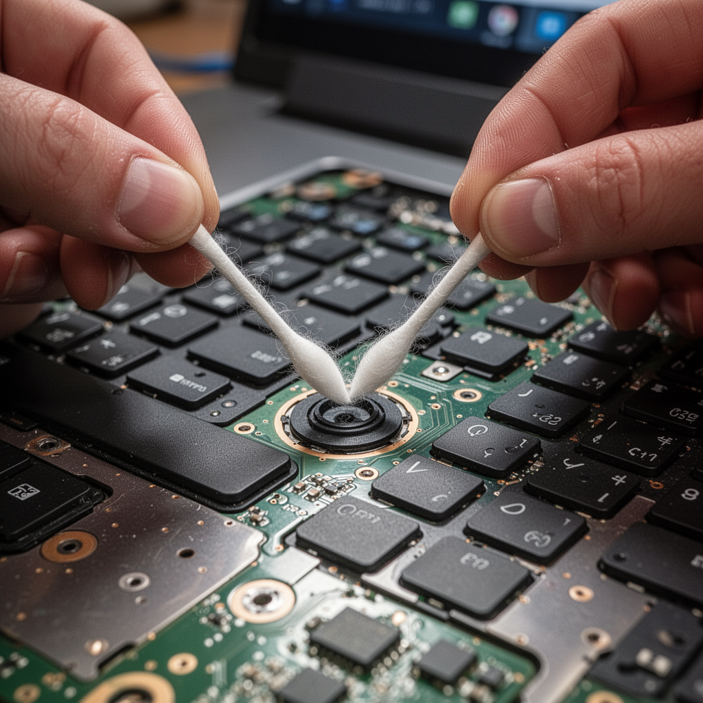 A close-up shot of a cotton swab cleaning the rubber contact point on a laptop keyboard circuit board.