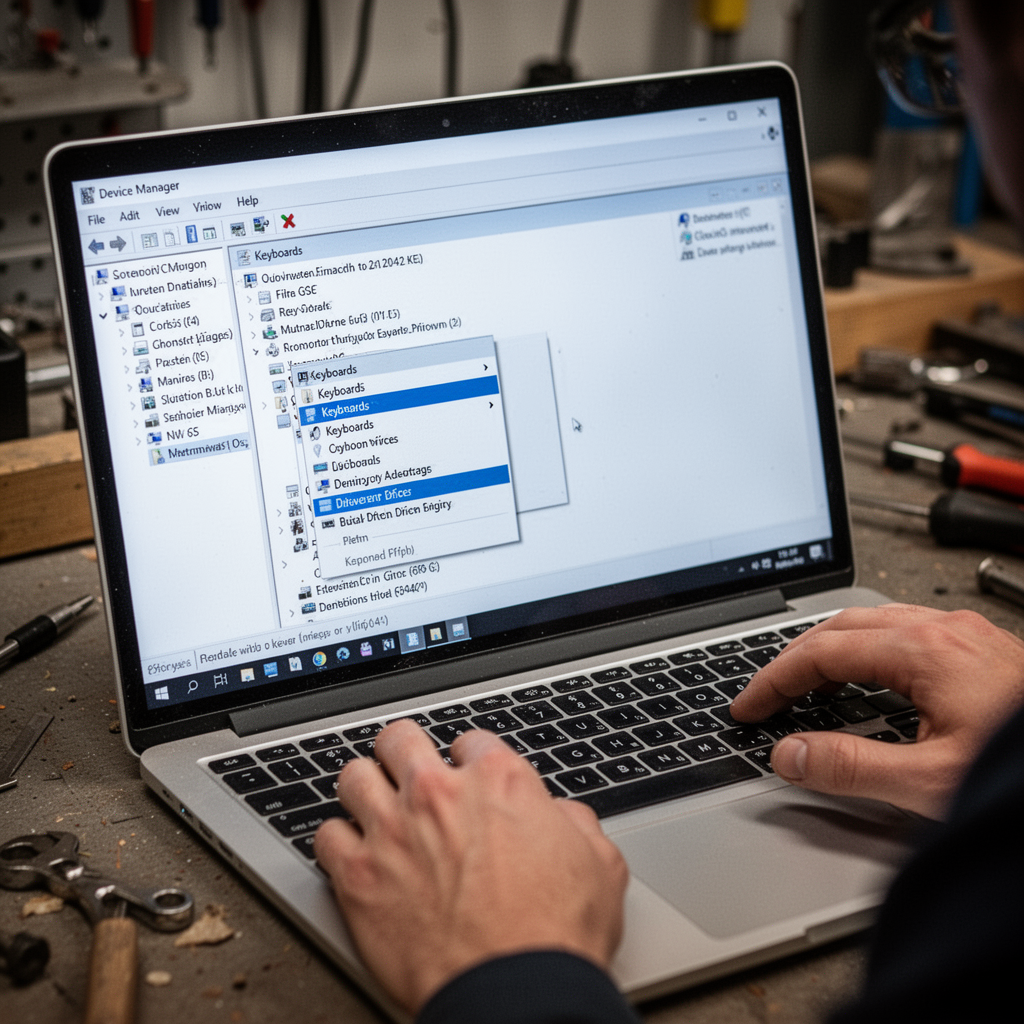 A high-resolution photo of a laptop screen displaying the Device Manager window with the Keyboards driver dropdown menu expanded.