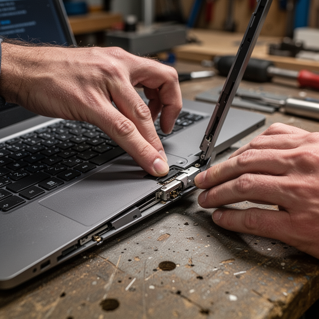 A person pressing a laptop key back onto its hinge mechanism with gentle pressure.