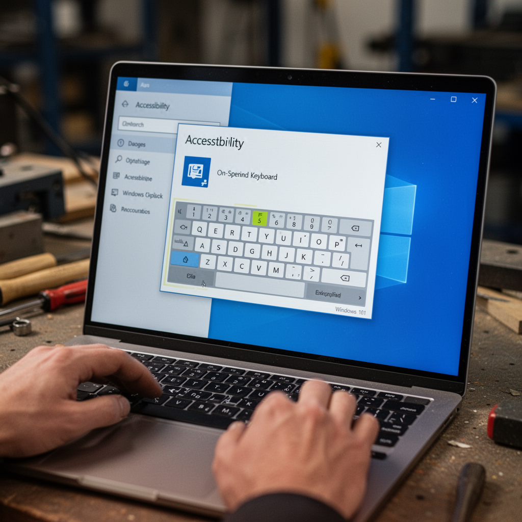 A professional close-up shot of a Windows 10/11 accessibility menu on a laptop screen with the on-screen keyboard icon highlighted.