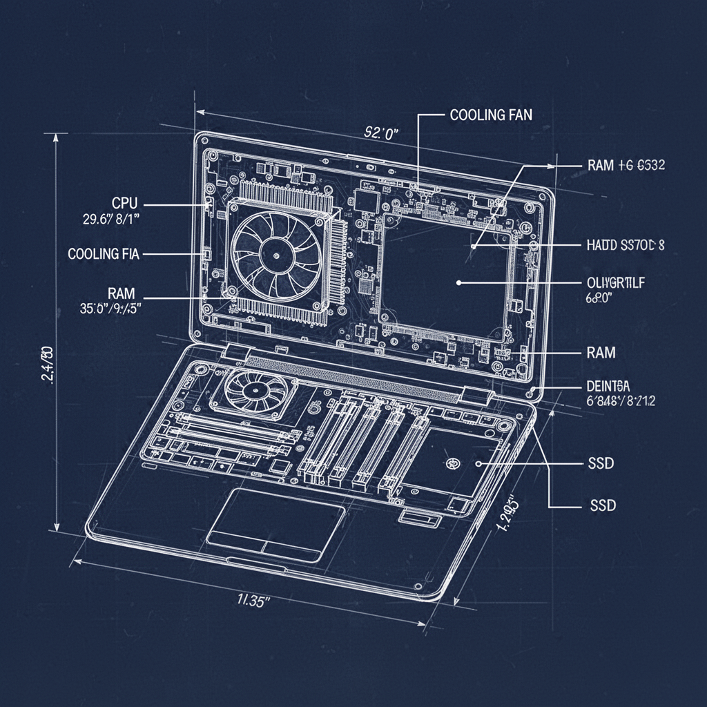 A technical blueprint-style diagram showing the internals of a laptop: CPU, Cooling Fan, RAM slots, and SSD, with clear labels and lines pointing to each component, white background, minimalist vector art style.