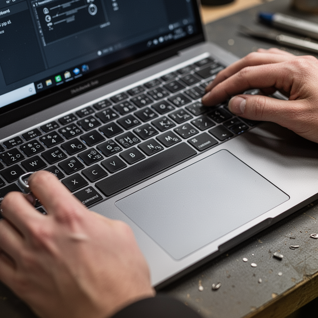 A close-up, macro shot of the keyboard and trackpad of a laptop, highlighting premium materials, elegant design, professional office lighting, highly detailed.
