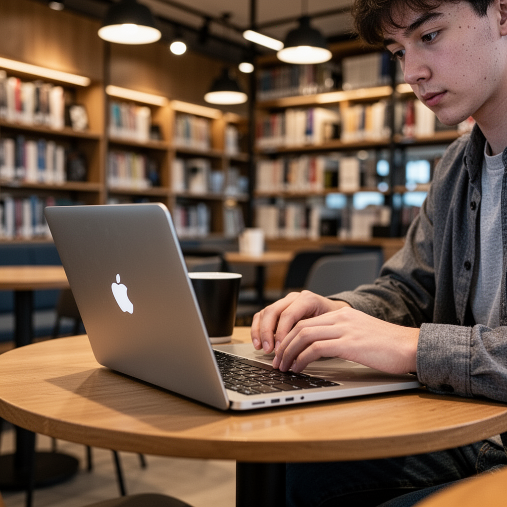 A student sitting in a modern library cafe environment, working on a MacBook Air, with blurred bookshelves in the background and warm ambient lighting, shallow depth of field, professional photography style.