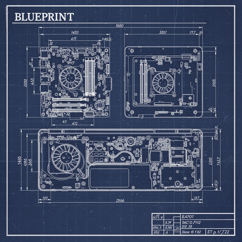 Blueprint diagram showing the technical layout of a laptop project, including schematics for a motherboard, cooling system, and internal hardware components, technical drawing style on a blue background.