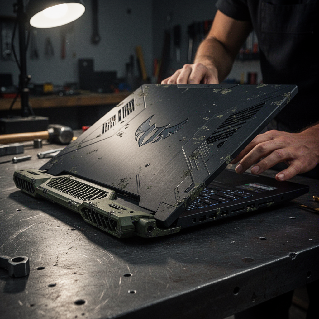 A rugged Asus TUF Gaming A15 laptop positioned on a dark metallic surface, angled side view to show off the military-inspired chassis vents, cinematic lighting, dramatic shadows, hyper-realistic, 8k resolution.