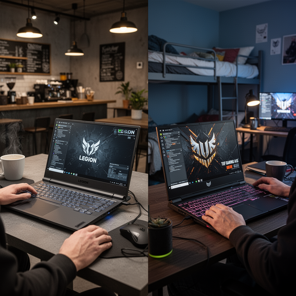 Split-screen comparison image, left side showing a sleek Lenovo Legion 5 in a modern coffee shop, right side showing an Asus TUF Gaming A15 in a dorm room setting, high contrast, balanced lighting.