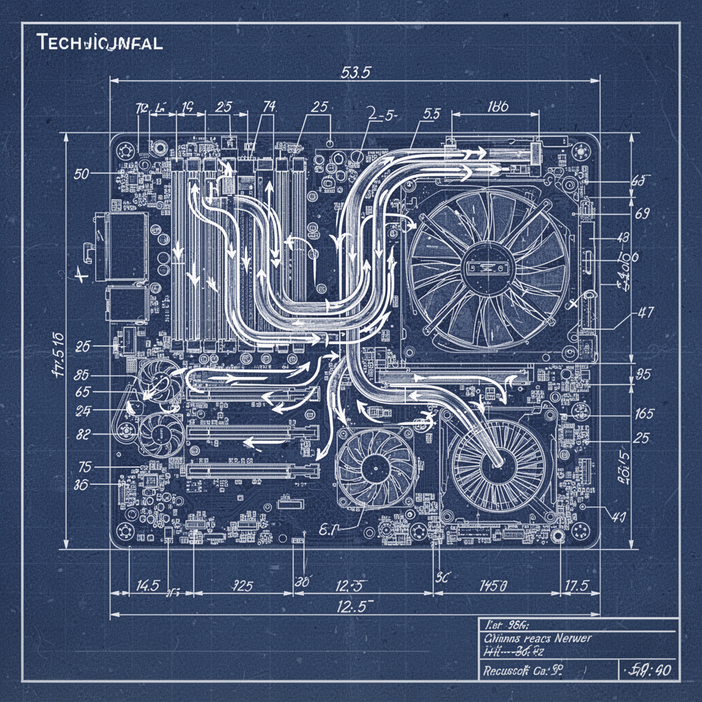 Technical diagram of a laptop motherboard, heat pipes, and cooling fans, professional blueprint style, white lines on blue background, detailed annotations showing airflow path.