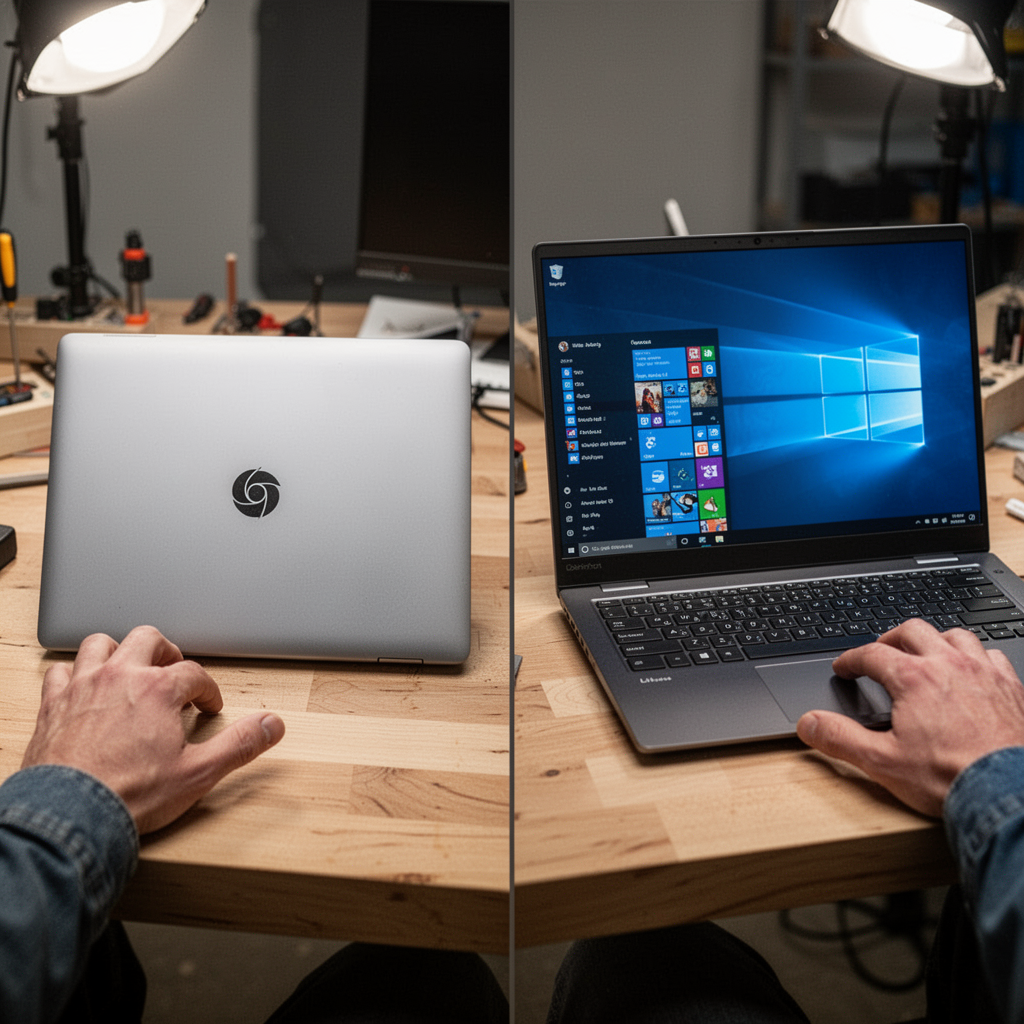 A professional side-by-side comparison shot on a clean wooden desk showing a sleek silver Chromebook on the left and a powerful Windows ultrabook on the right, high-resolution, soft studio lighting.