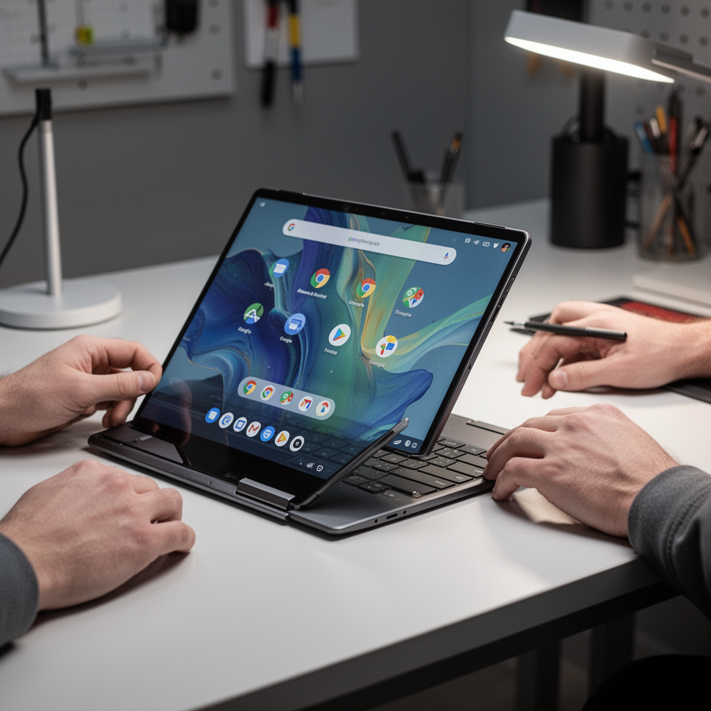 A sleek, convertible 2-in-1 Chromebook being folded into tent mode on a desk, modern minimalist setup, high resolution.