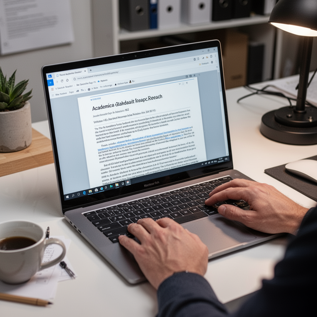 A stylish 16-inch Windows laptop opened to a screen displaying academic research, clean home-office aesthetic, professional photography.