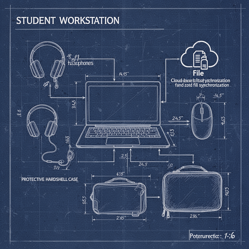 A technical infographic blueprint diagram showing the components of a student workstation: a laptop at the center, connected to wireless headphones, a portable mouse, a protective hardshell case, and a cloud-based file synchronization icon.