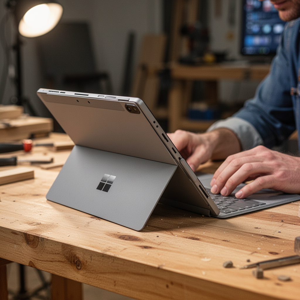 A clean studio shot of a Surface Pro 9 with its kickstand extended on a wooden desk, soft blurred background.