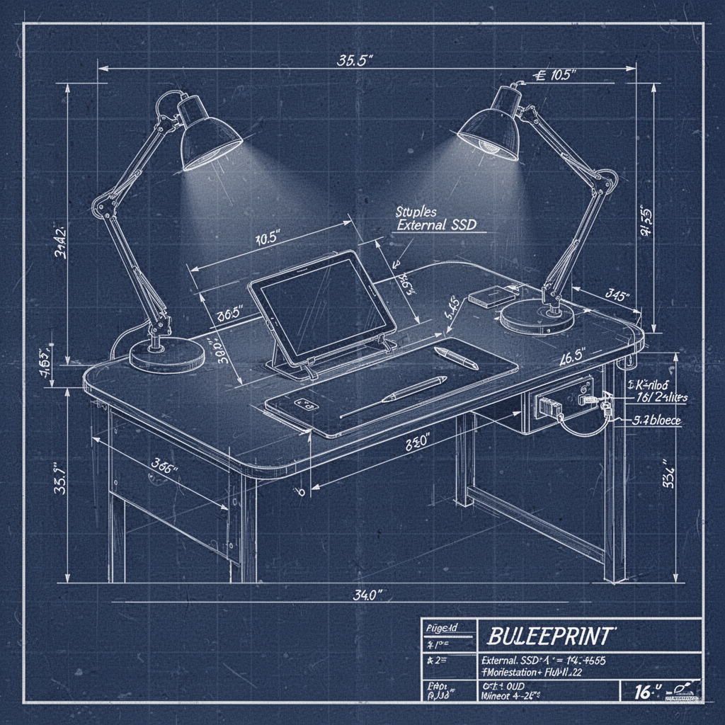 Blueprint diagram showing the technical layout of an ergonomic creative workstation, including the tablet position, stylus placement, external SSD connection, and proper lighting placement.