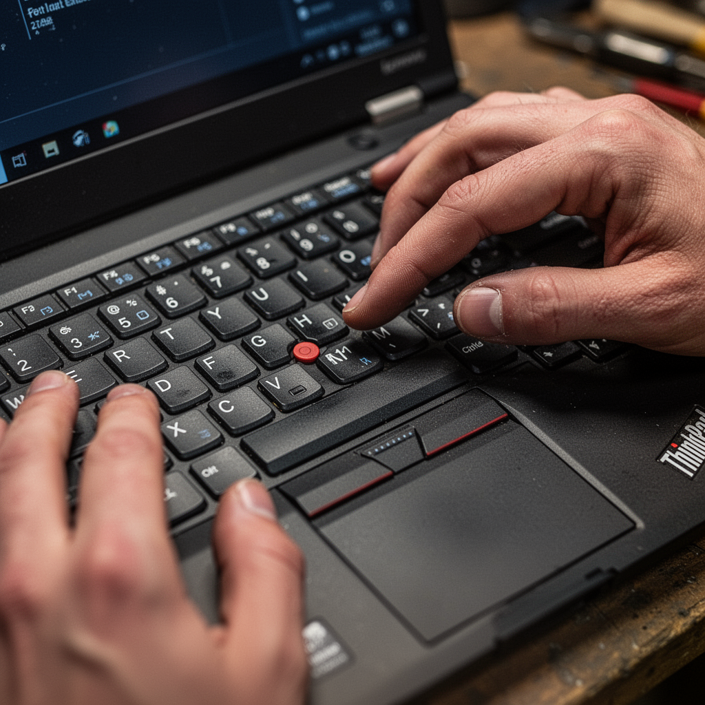 A professional close-up shot of a Lenovo ThinkPad keyboard with a hand pressing the F1 key, cinematic lighting, shallow depth of field, high resolution.