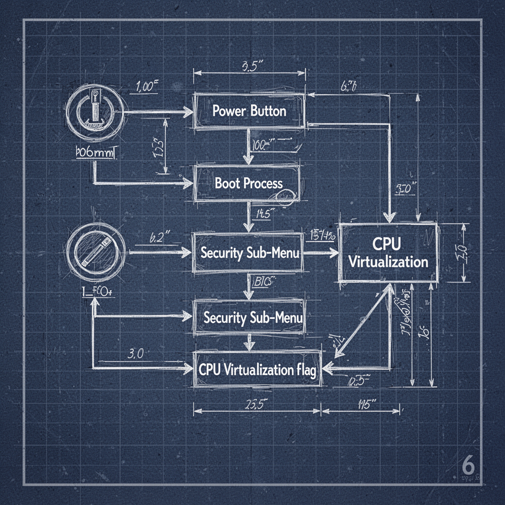 An architectural blueprint diagram on graph paper showing the flow from the Power Button, through the Boot Process (BIOS), into the Security Sub-menu, and finally activating the CPU Virtualization flag, technical drawing style.