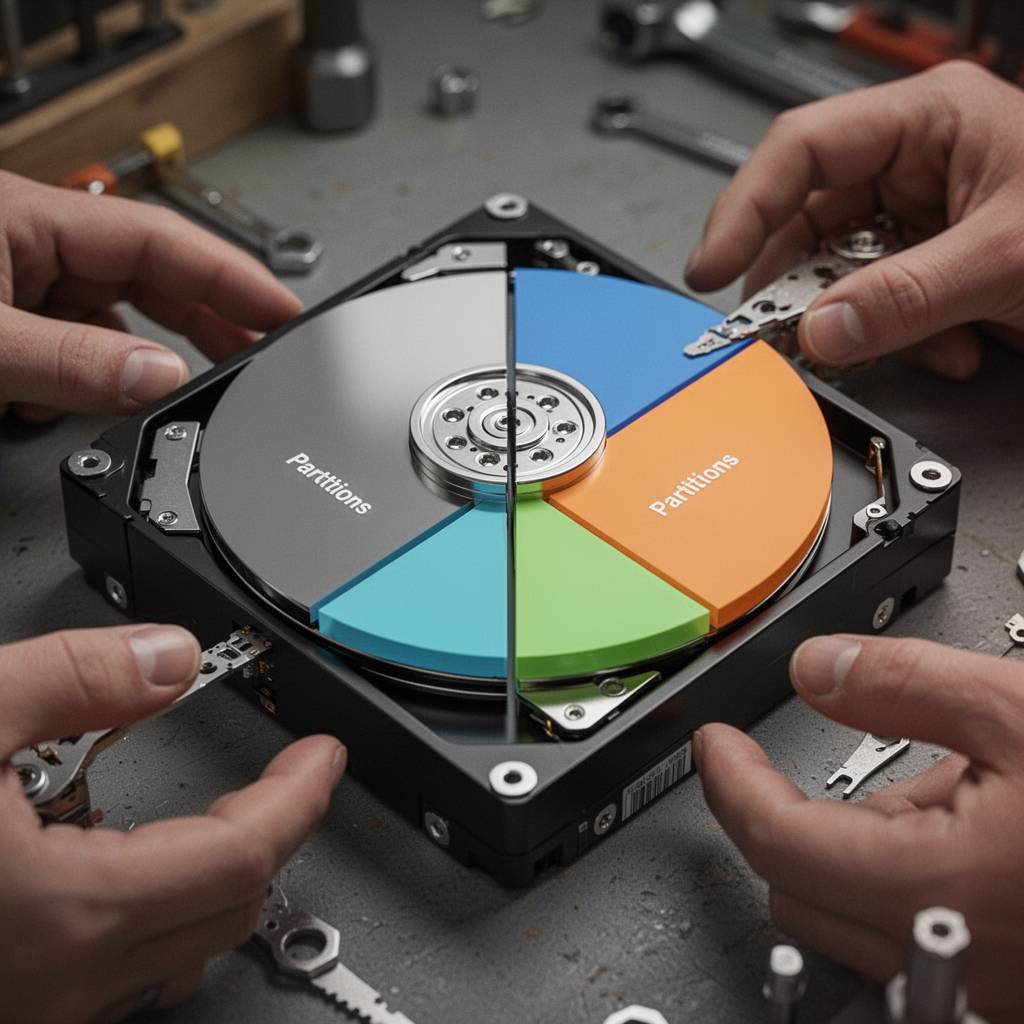 A conceptual 3D isometric view of a hard drive being split into two distinct color-coded sections representing two separate partitions.
