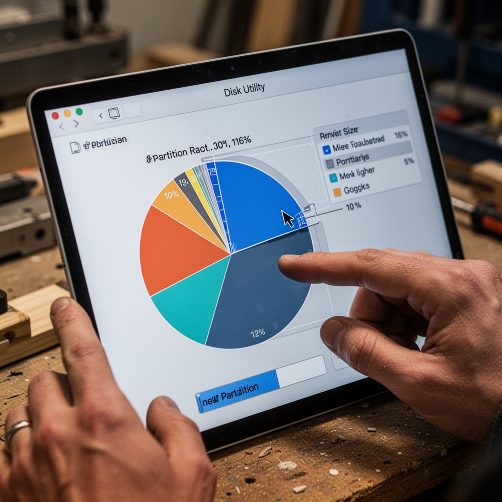 A detailed close-up of the Disk Utility partition pie chart showing the user adjusting the size of a new partition using the mouse pointer.