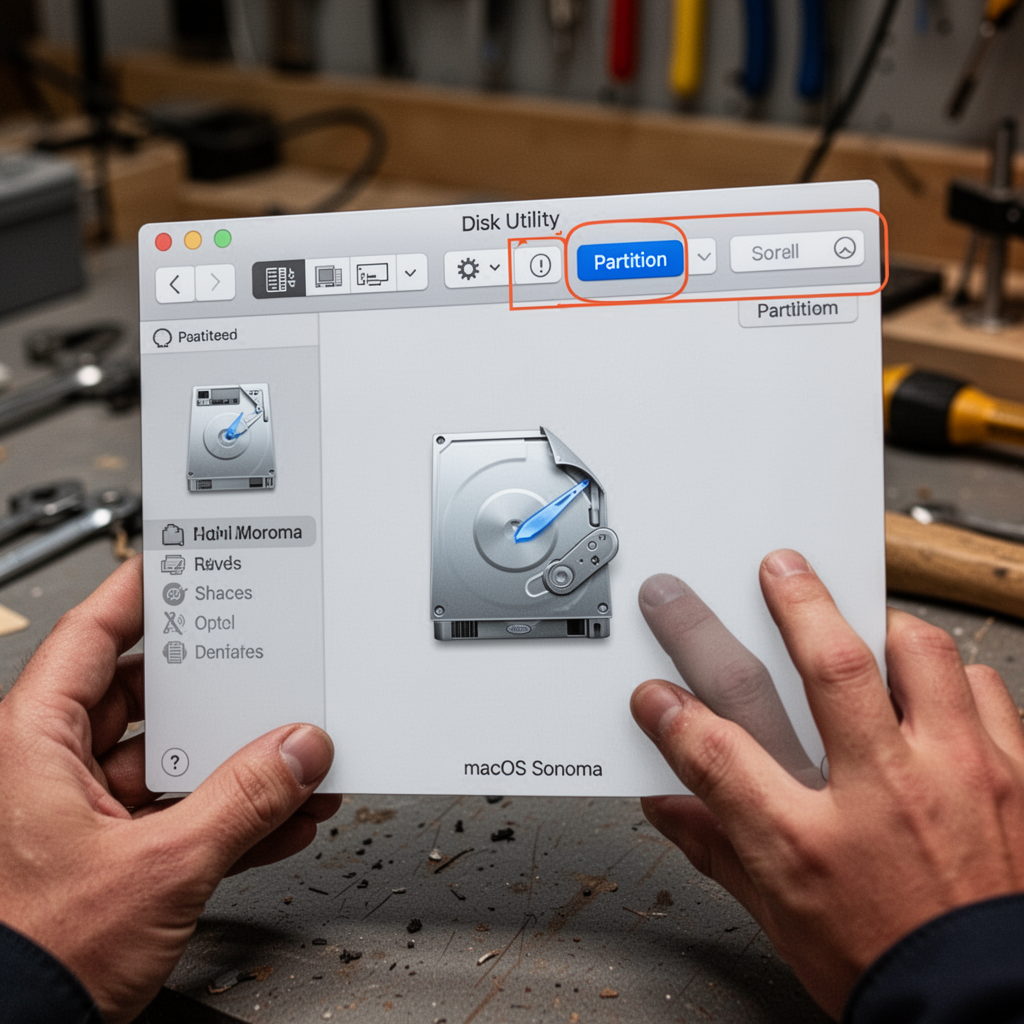 A high-resolution screenshot overlay of the macOS Sonoma Disk Utility interface, highlighting the 'Partition' button in the top toolbar.