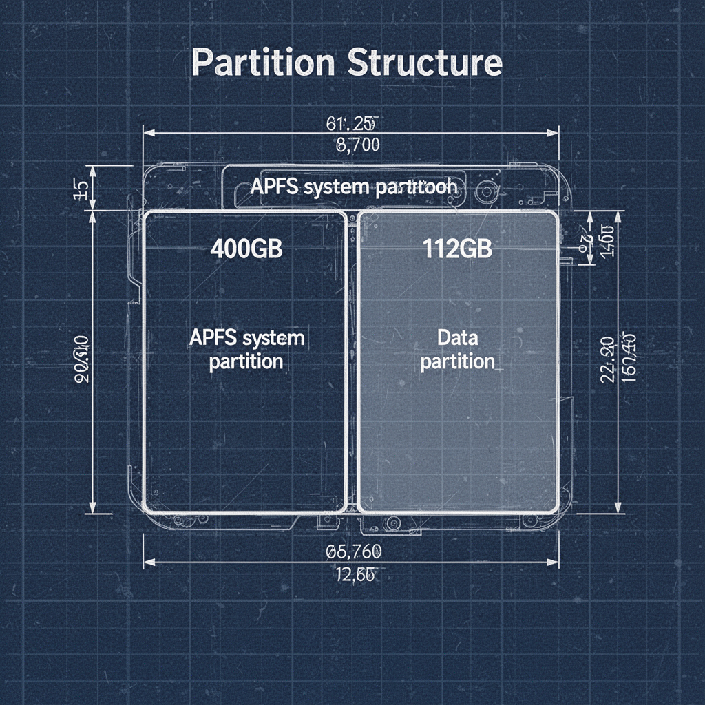 A technical blueprint diagram on a grid background showing the partition structure of a 512GB SSD, divided into a 400GB APFS system partition and a 112GB data partition, with annotations for labels and offsets.