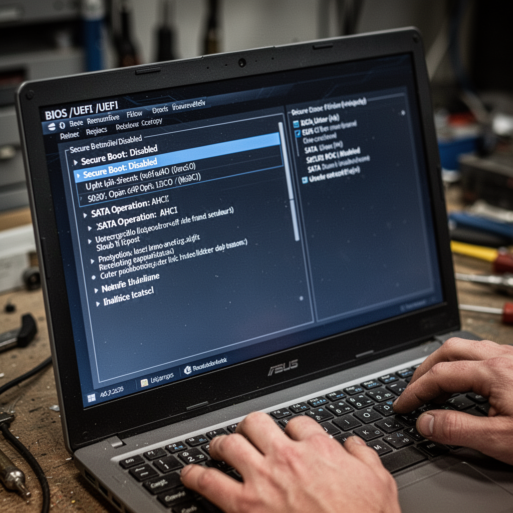 A macro shot of a BIOS/UEFI screen on a laptop display, showing clear text menus like 'Secure Boot: Disabled' and 'SATA Operation: AHCI', high contrast, sharp focus.