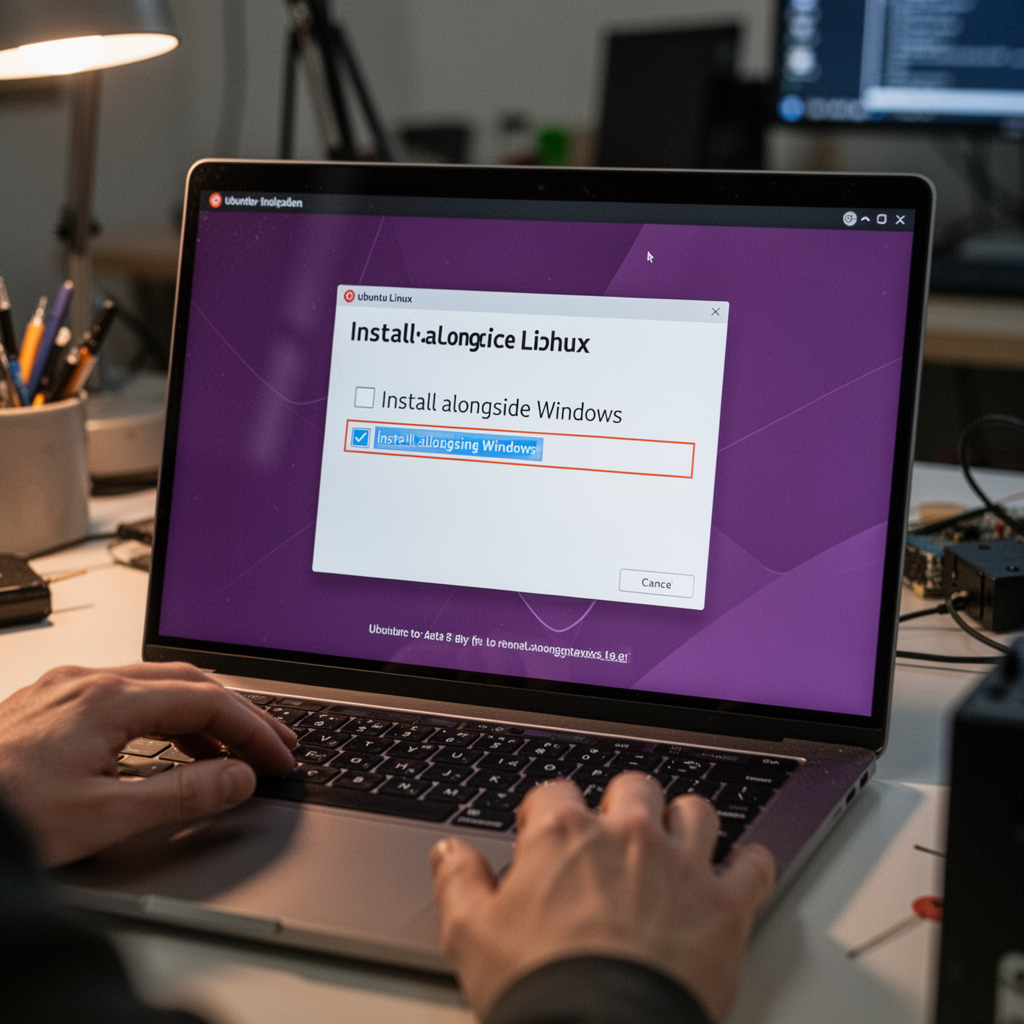 An installation screen of the Ubuntu Linux installer showing the 'Install alongside Windows' checkbox highlighted on a high-resolution laptop screen, soft ambient office lighting.