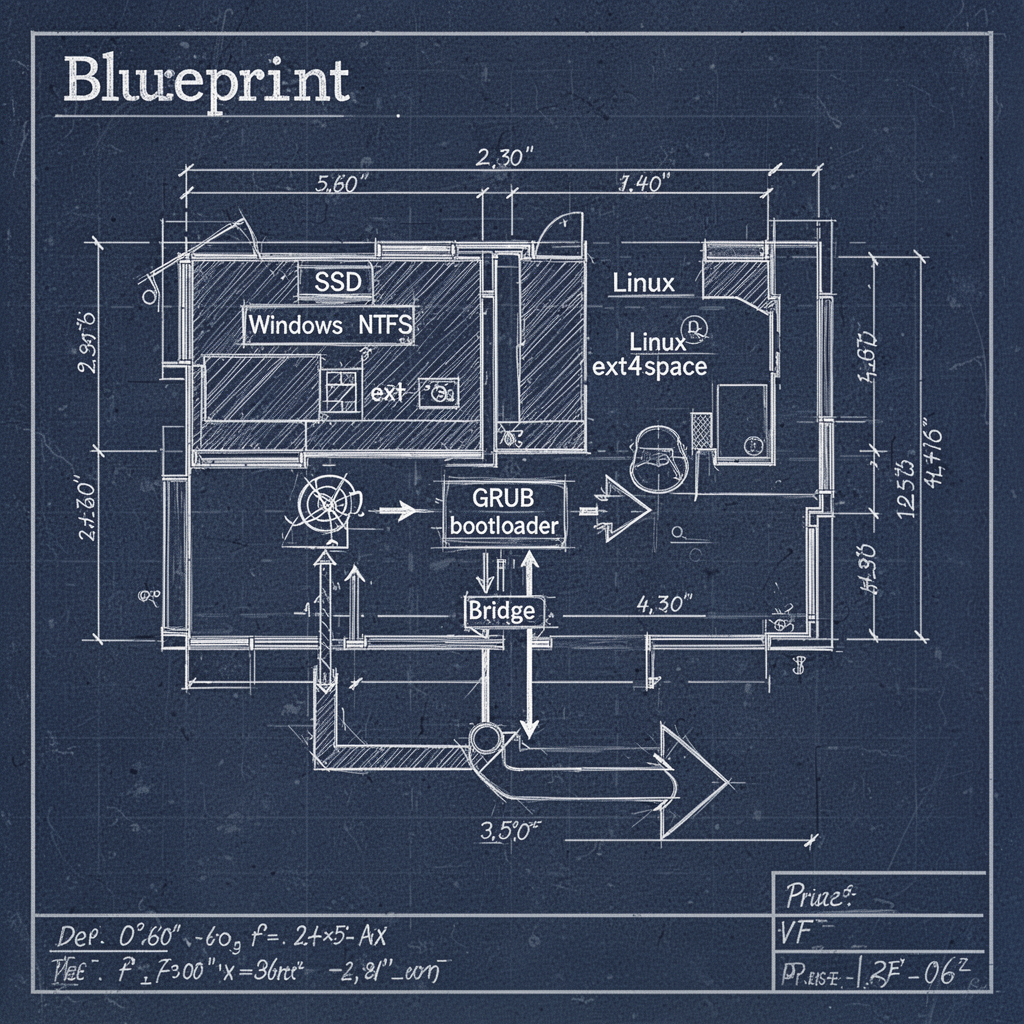Blueprint diagram showing the technical layout of the project, including a partitioned SSD with Windows NTFS space and Linux ext4 space, a GRUB bootloader bridge, and a dual-boot arrow schematic, clean lines, professional architectural diagram style.