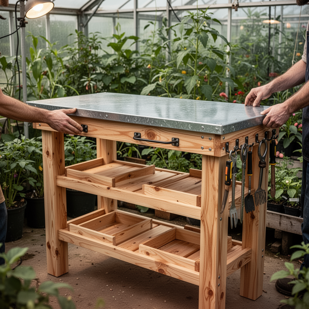 A robust, heavy-duty fir wood potting bench with a galvanized steel tabletop, three tiers of storage, and side-mounted tool hooks, set against a backdrop of lush greenhouse plants.