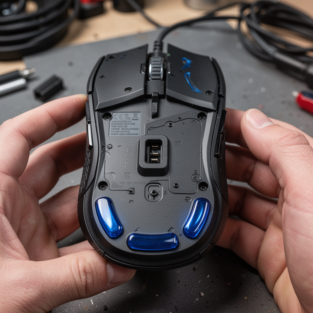A close-up, top-down view of a gaming mouse flipped over, featuring smooth, polished sapphire-blue mouse feet, highlighting the high-quality finish and fit.