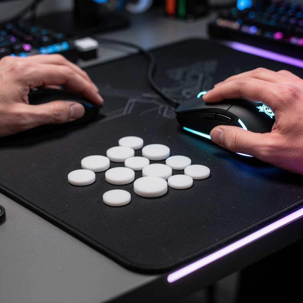 A macro, ultra-realistic studio photograph of circular white PTFE mouse skate dots arranged on a clean, dark gaming desk next to a mouse, with soft LED accent lighting.