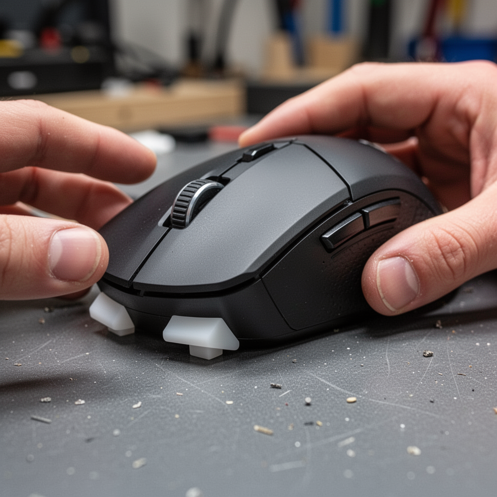 A professional, high-resolution shot of custom-shaped PTFE feet installed on a modern, high-end wireless gaming mouse, showing smooth, beveled edges.