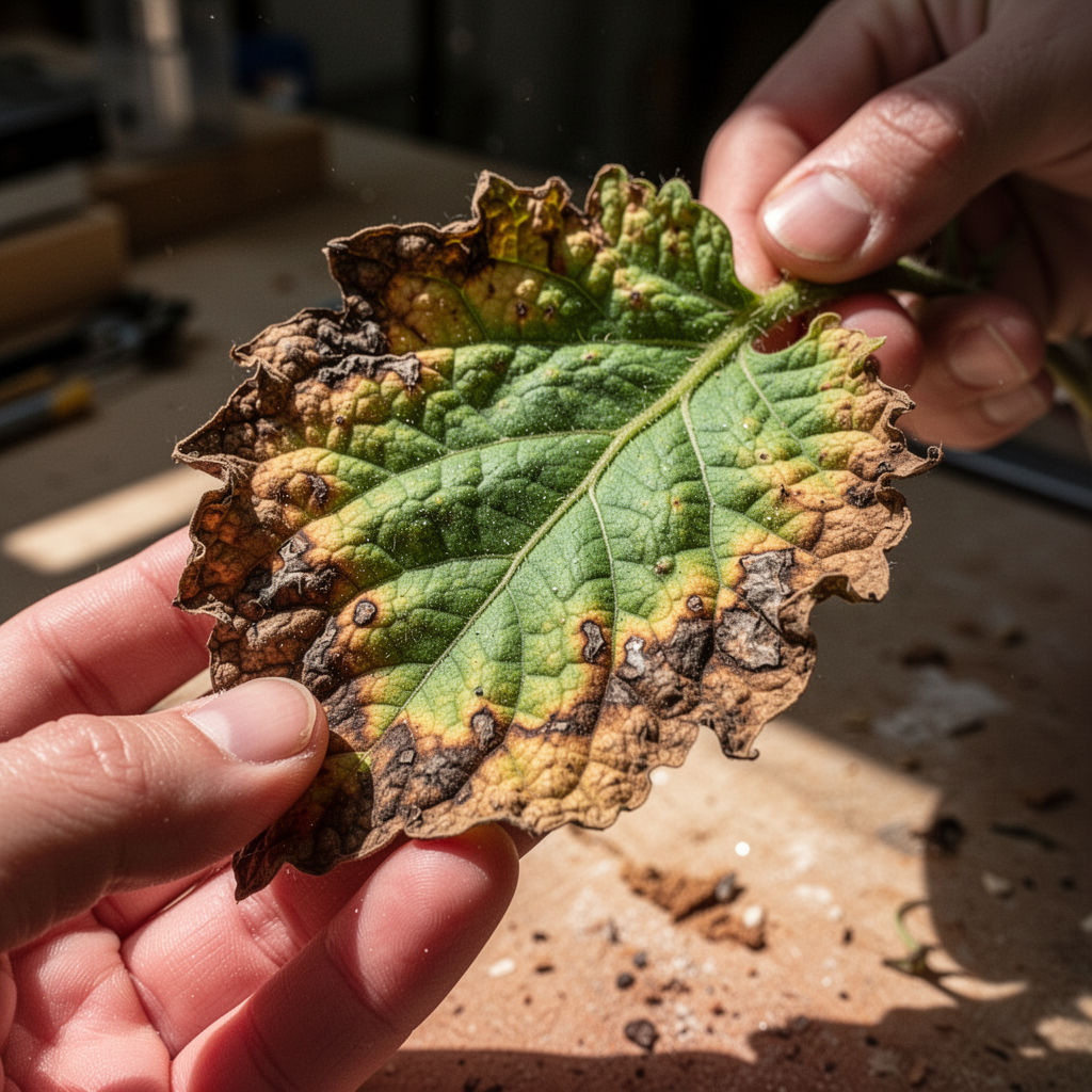 Macro photograph of a tomato leaf showing signs of thermal burn, with dry, brown crispy edges, illuminated by harsh sunlight.