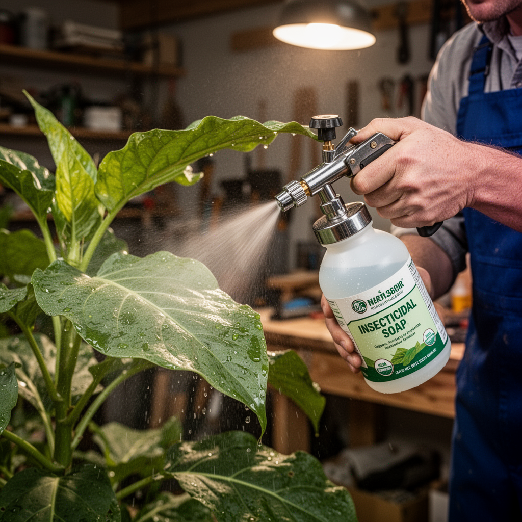 A gardener spraying a light mist of organic insecticidal soap onto the underside of a plant leaf with a handheld pressure sprayer.