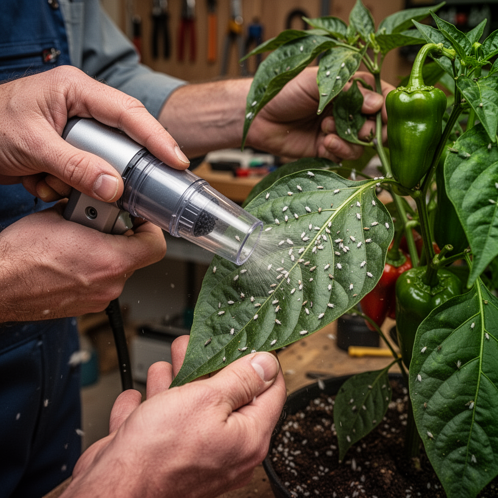 A gardener using a small handheld vacuum to gently suction whiteflies off a pepper plant leaf without damaging the foliage.