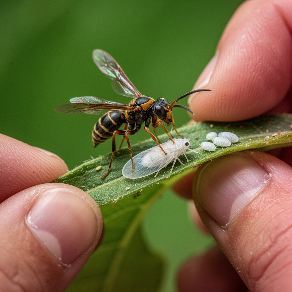 A tiny parasitic wasp landing on a whitefly nymph on a leaf, macro photography, highly detailed, vivid green background.