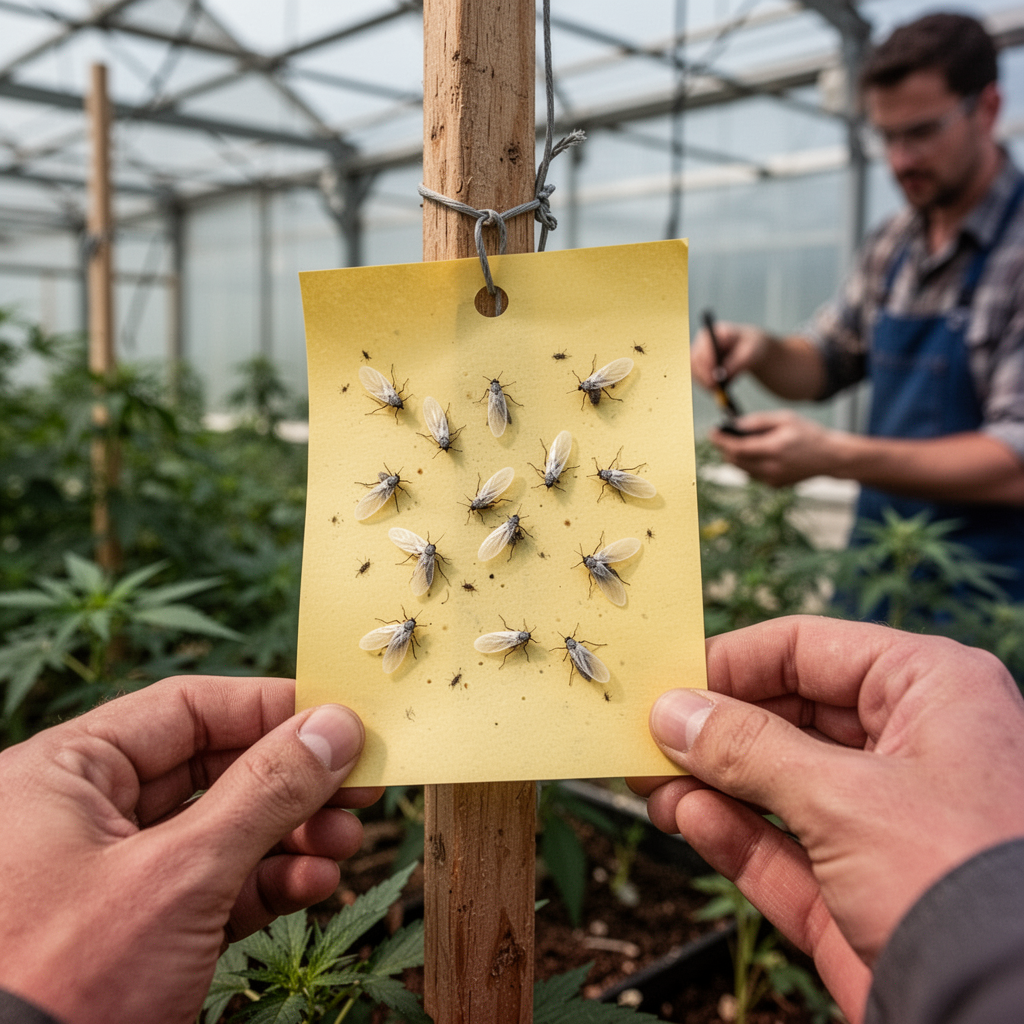 A yellow sticky trap hanging from a wooden stake in a greenhouse, with several whiteflies stuck to the surface, realistic depth of field.