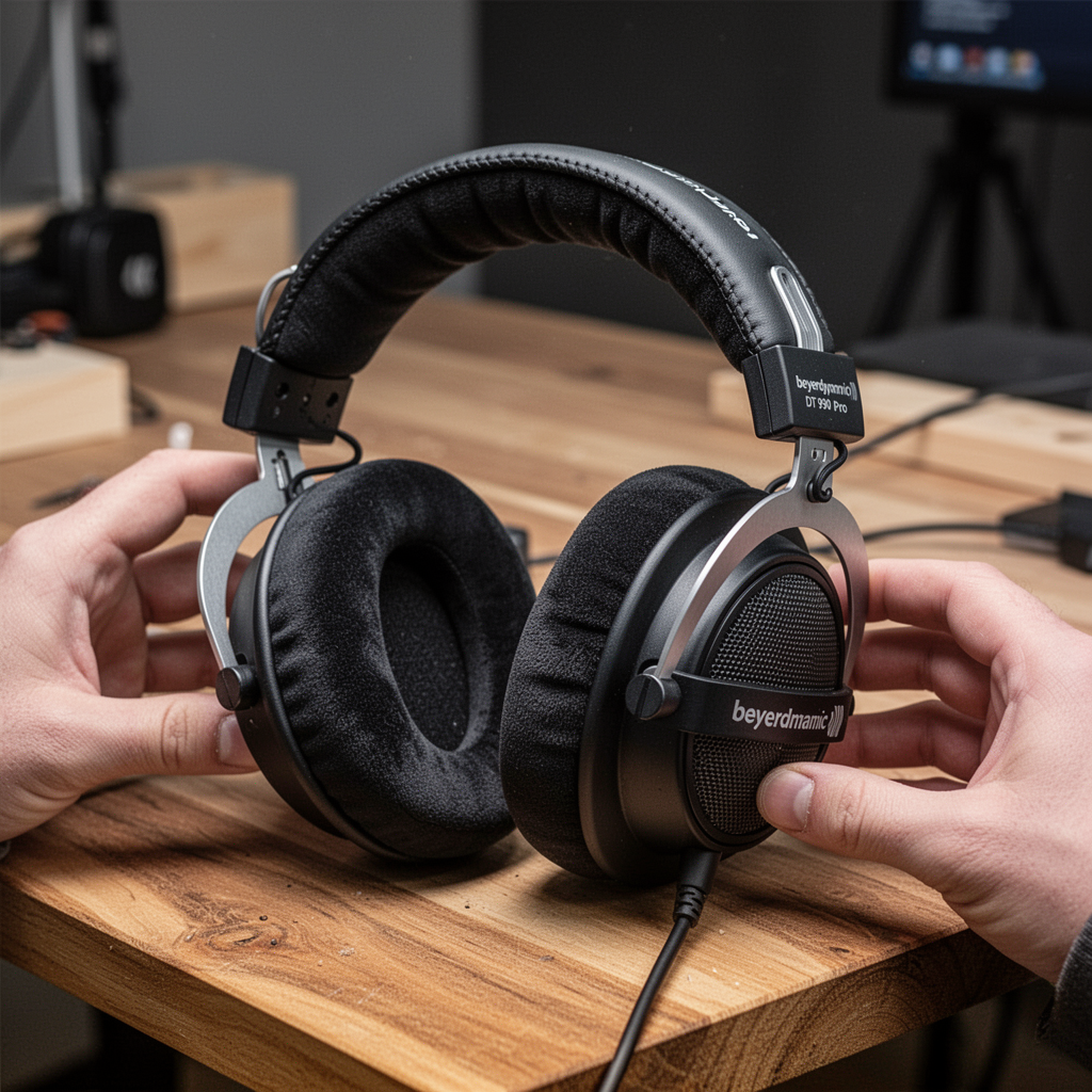 A professional studio photograph of the Beyerdynamic DT 990 Pro headphones resting on a wooden desk, emphasizing the velour ear pads and the robust metal headband construction, high contrast, clean minimalist aesthetic.