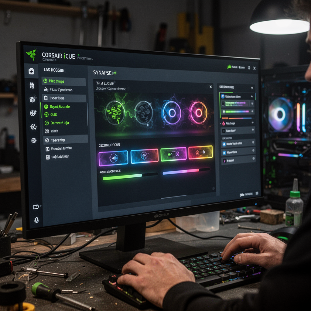 A professional, high-resolution desktop screen capture showing the Razer Synapse or Corsair iCUE dashboard interface with a sleek, dark-themed UI and vibrant lighting tabs.