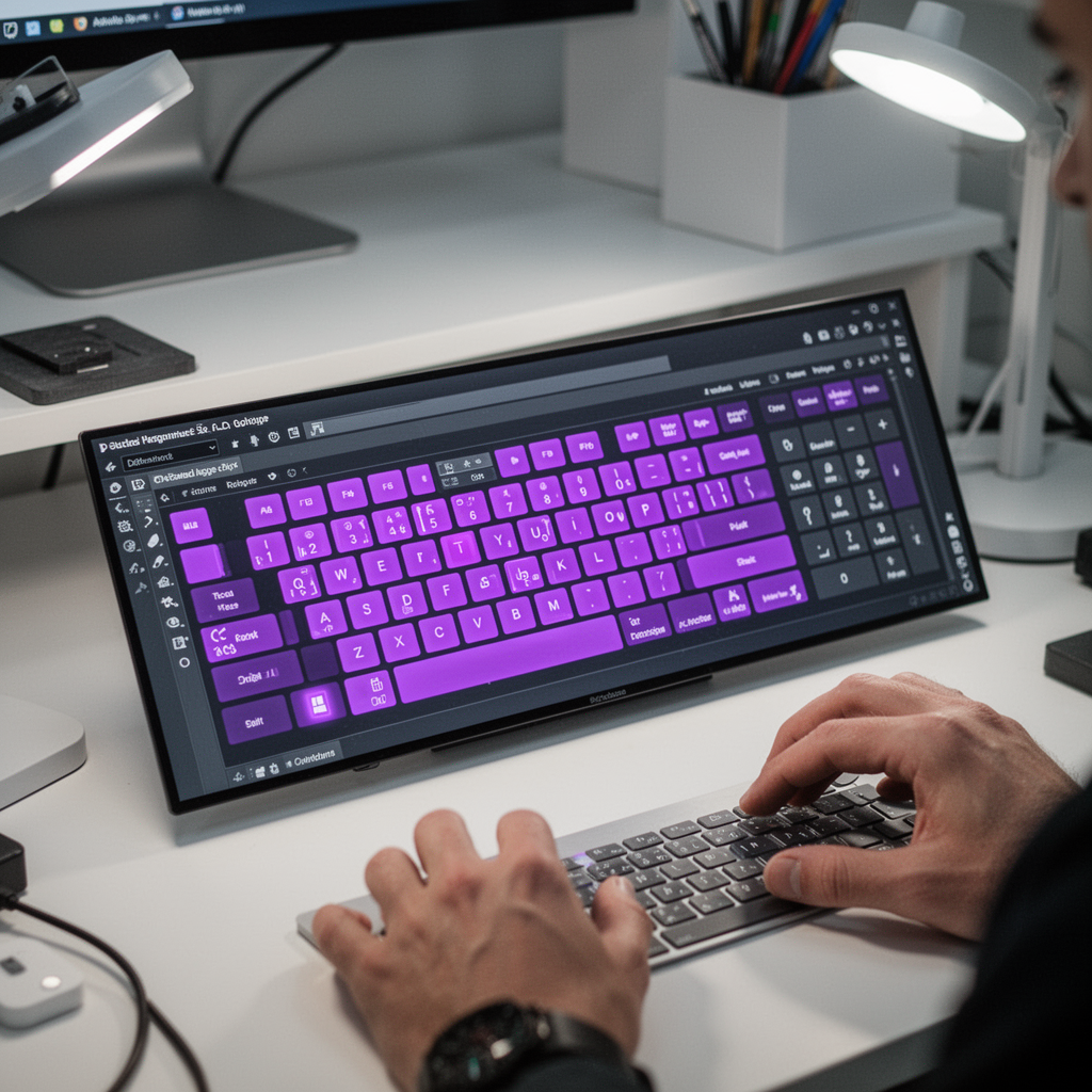 Close-up of a software lighting interface showing a digital keyboard map with individual keys highlighted in purple, surrounded by a clean, modern workspace background.