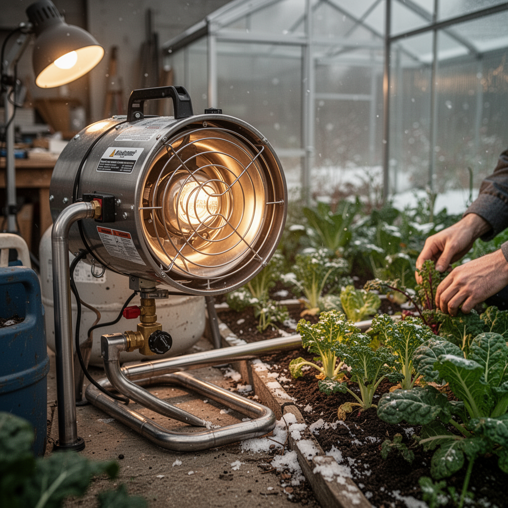 A heavy-duty propane greenhouse heater connected to a stainless steel gas line, with a soft golden light illuminating a nearby winter vegetable patch.