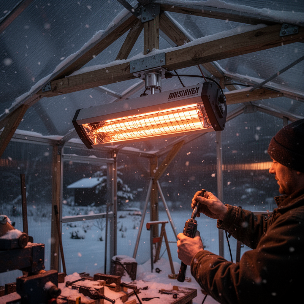 A professional infrared radiant heater mounted to the roof truss of a polycarbonate greenhouse, glowing softly in a dark, snowy winter evening setting.