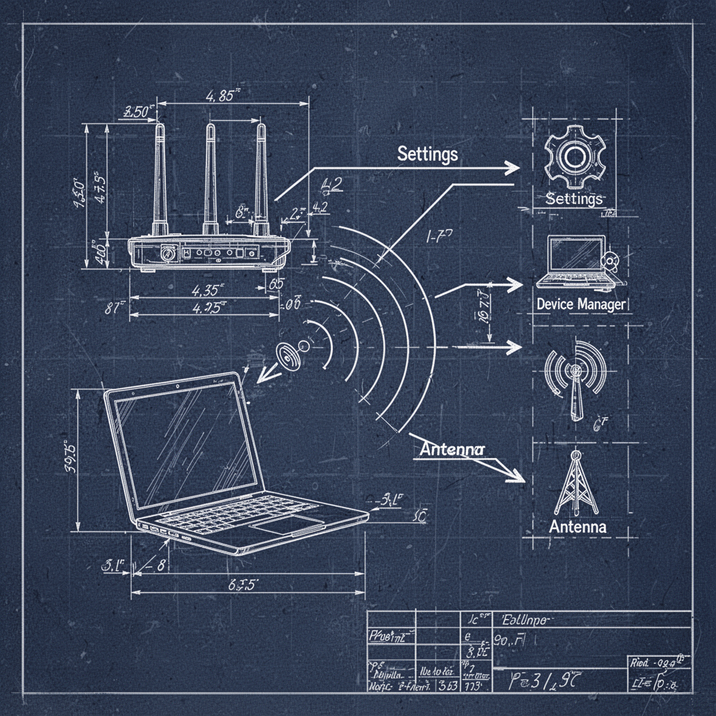 A clean, technical blueprint diagram showing a Wi-Fi router broadcasting a signal wave to a laptop, with arrows pointing from the laptop to a 'Settings' icon, a 'Device Manager' icon, and an 'Antenna' icon, rendered in a professional architectural blue-and-white style.