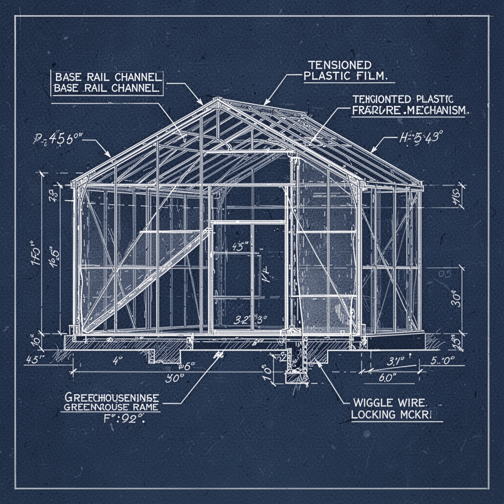 A blueprint diagram showing the technical layout of the greenhouse frame, highlighting the placement of the base rail channel, the tensioned plastic film, and the wiggle wire locking mechanism.