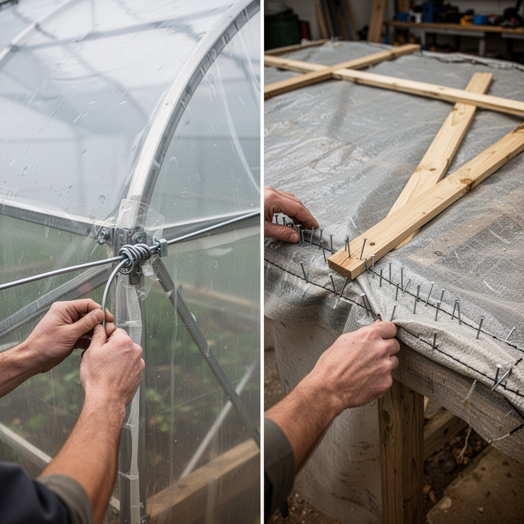 A side-by-side comparison photograph: left side shows a clean, taut greenhouse cover secured with professional wiggle wire; right side shows a sagging, stapled cover held by wooden strips.