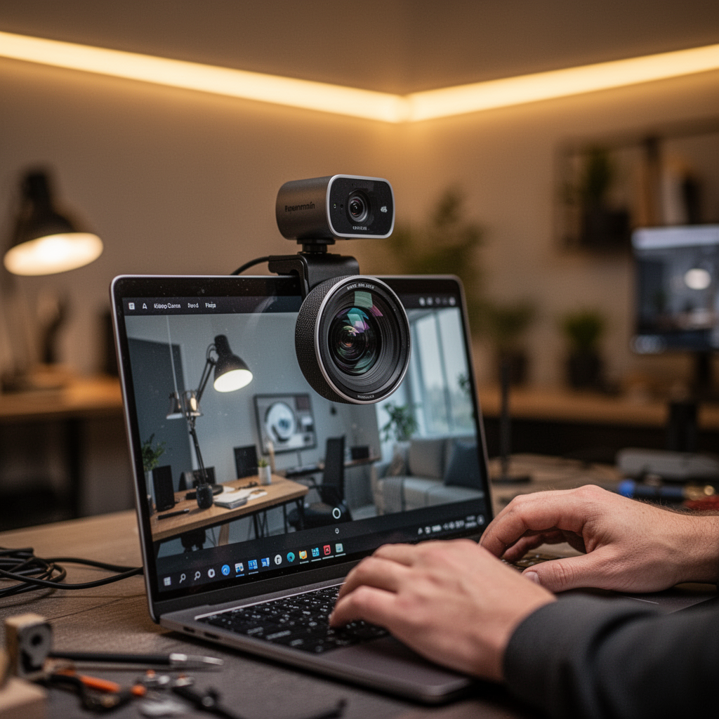 A professional, ultra-realistic close-up shot of a high-end 4K webcam mounted on a slim laptop screen, bokeh background of a modern home office with warm LED strip lighting, shot on 85mm lens, sharp focus on the webcam lens glass.