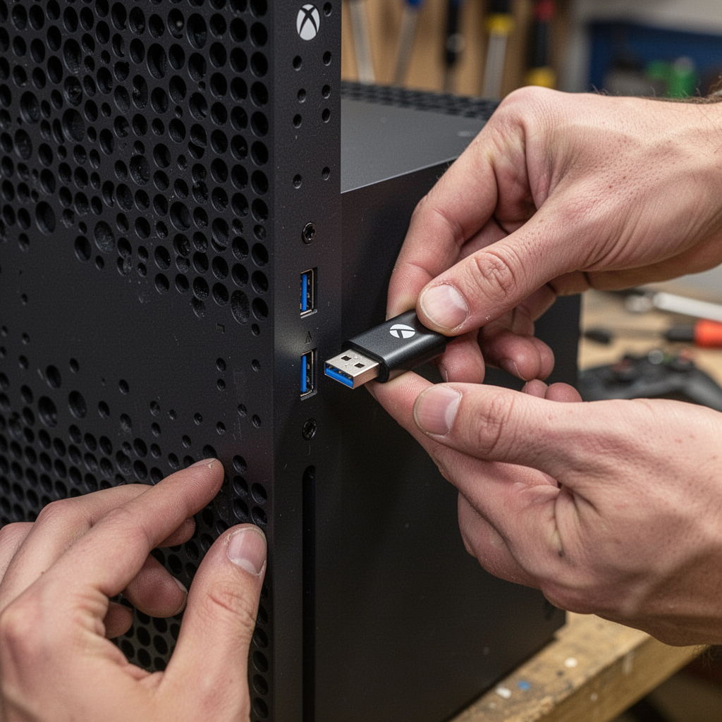 A hand inserting a wireless USB gaming dongle into the front-facing USB-A port of an Xbox Series X console, clear focus on the port insertion.