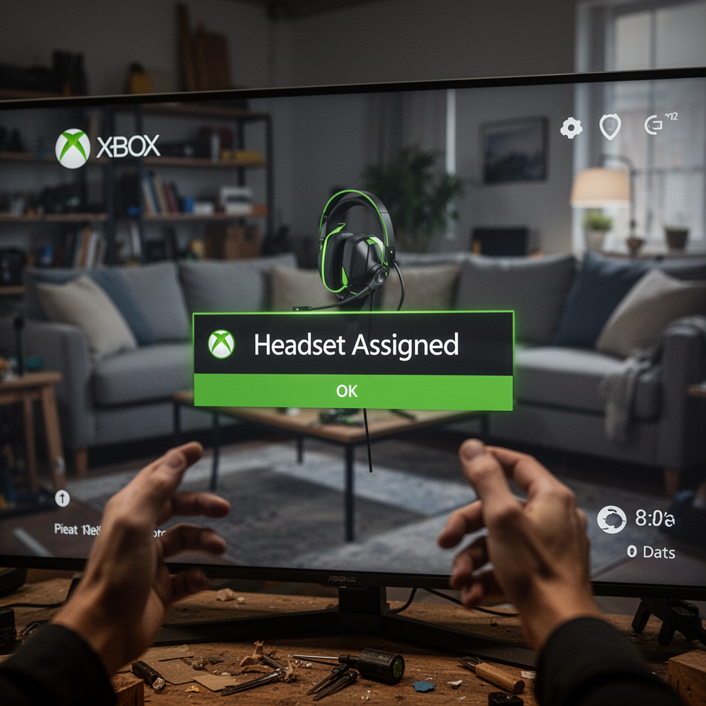 A TV screen displaying an Xbox dashboard notification that says "Headset Assigned," with a blurred living room background.
