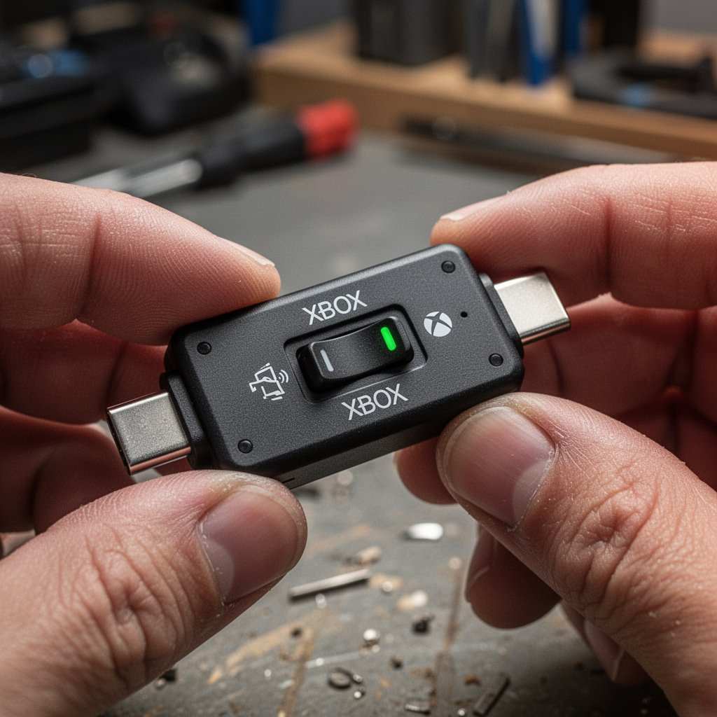 Close-up of a small USB-C wireless transmitter dongle showing a physical toggle switch flipped to the "Xbox" label, high detail, industrial design aesthetic.
